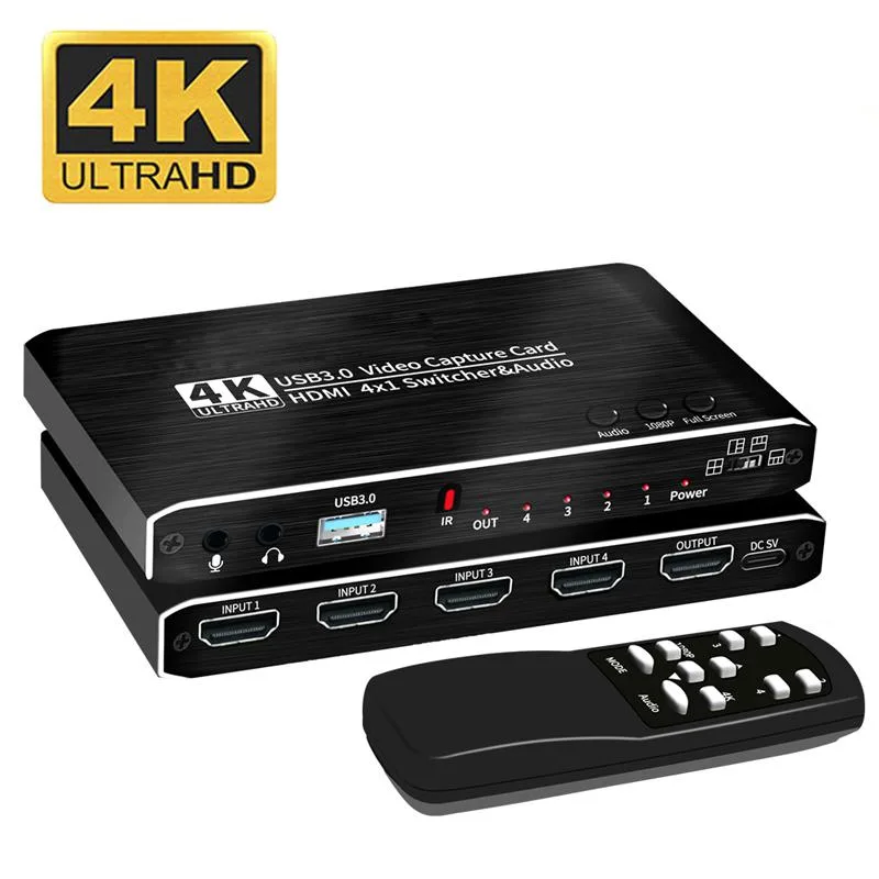 Small black rectangular capture box with four HDMI inputs, one HDMI output, USB 3.0 port, microphone jack, audio out