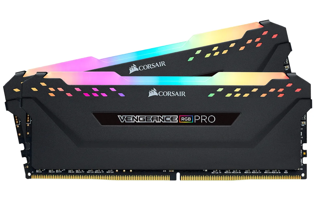 Two black DDR4 modules with anodized aluminium heat spreaders and ten RGB LEDs each