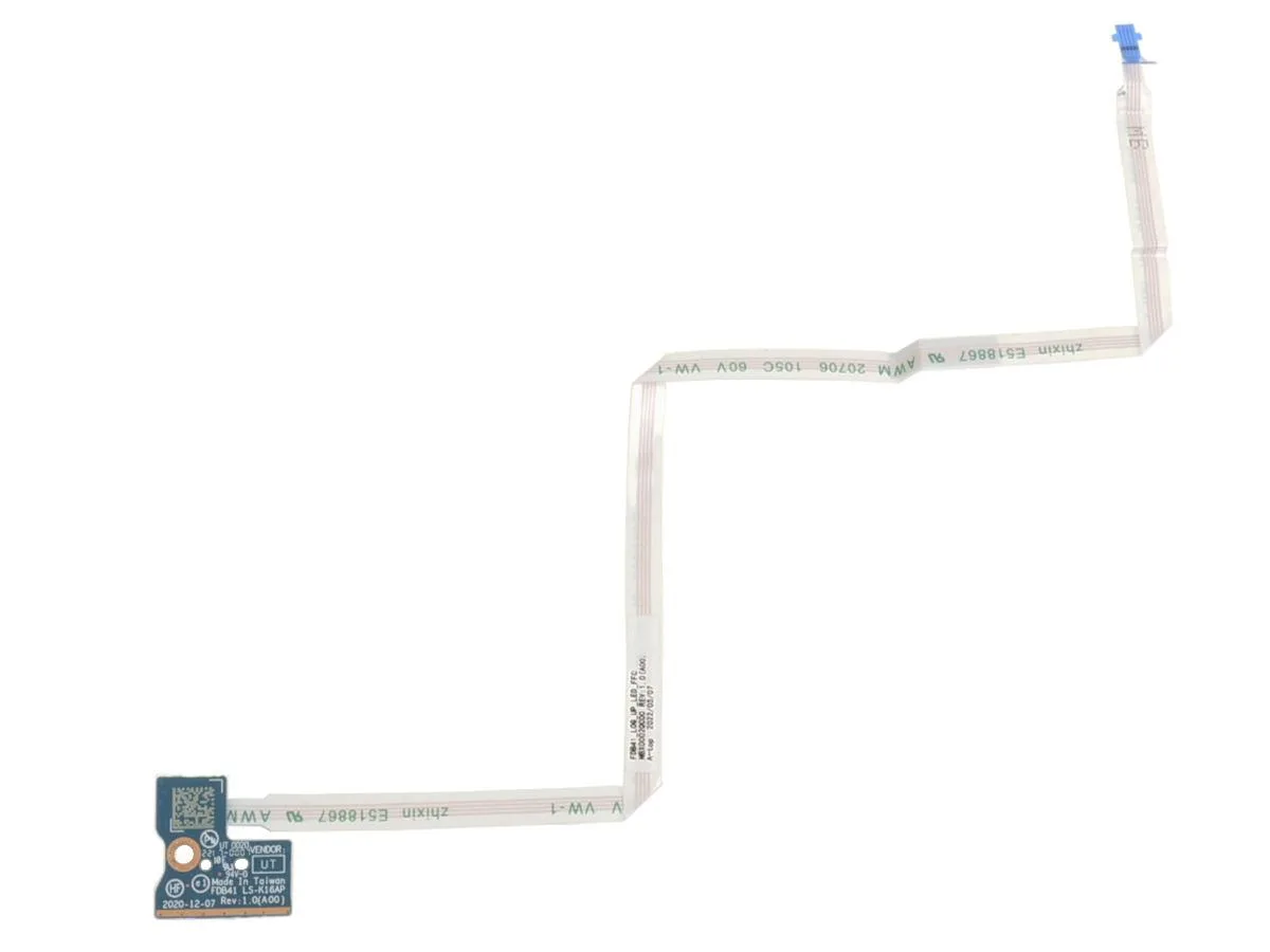 Small green circuit board with status LED and thin ribbon cable attached
