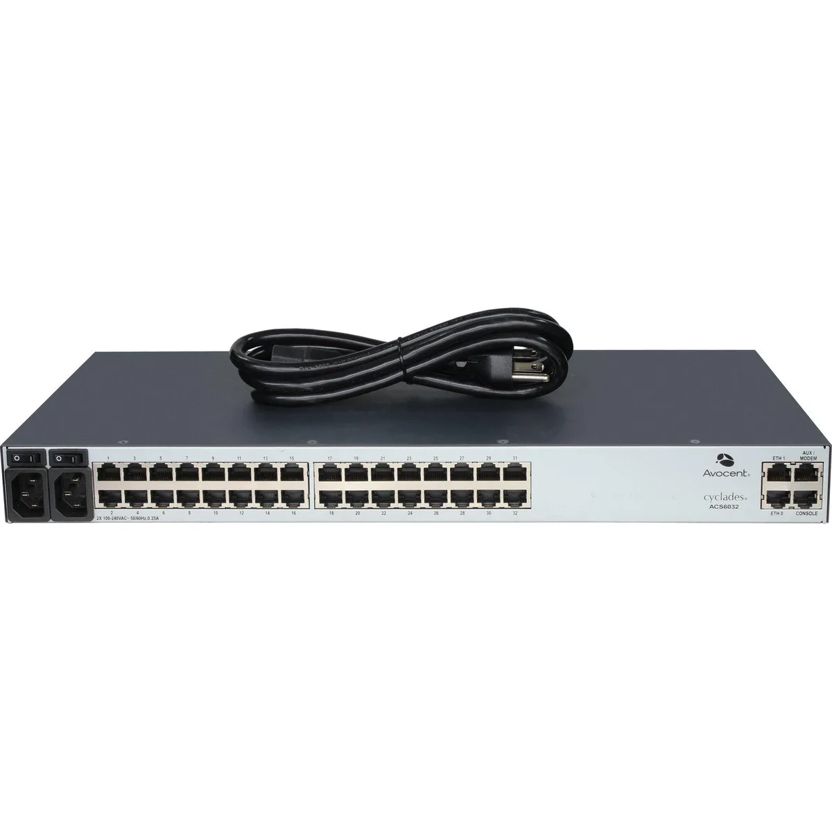 Front view of a 1U silver rack server with thirty-two RJ-45 ports and dual power supplies