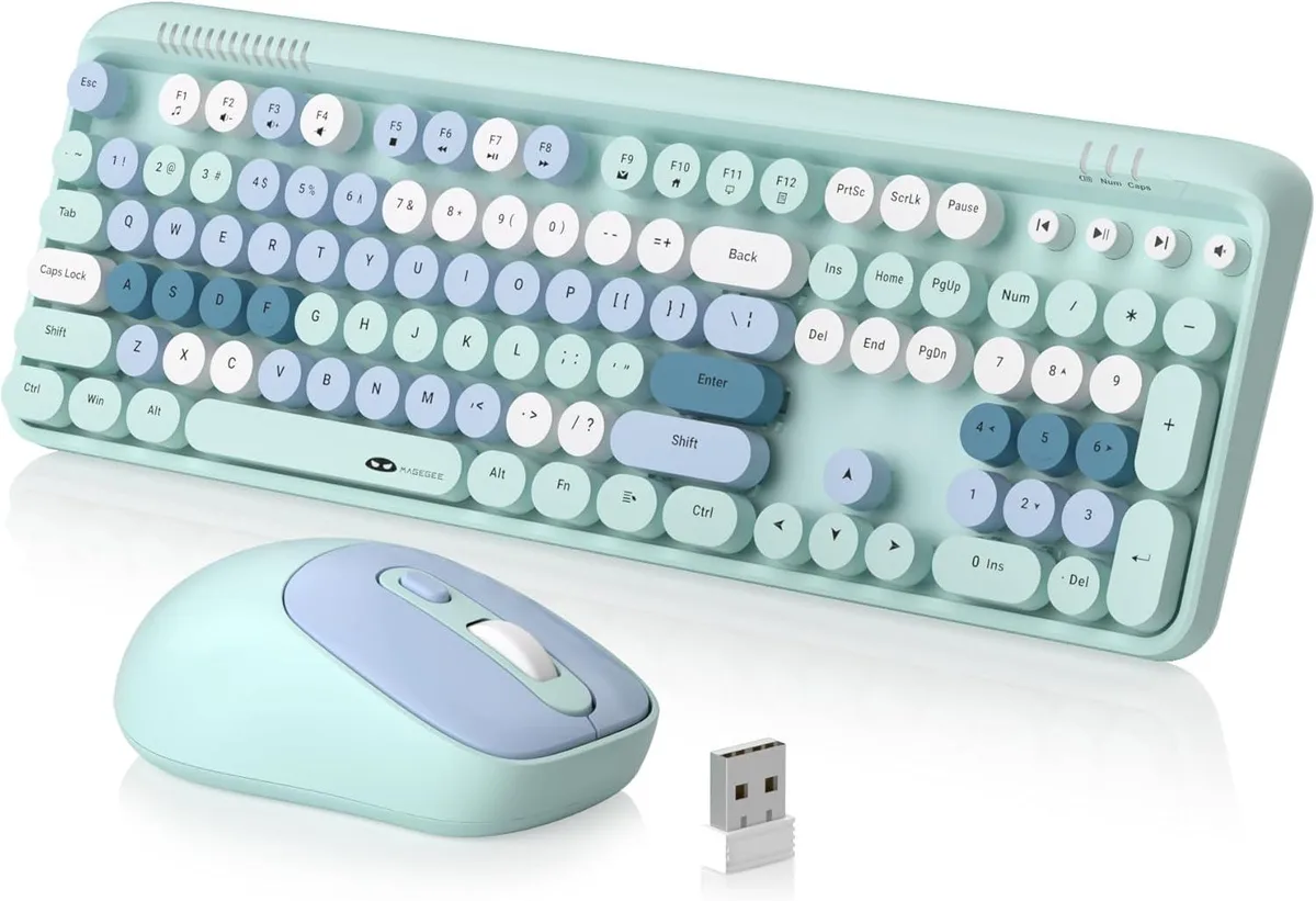 Full-size wireless keyboard with round retro keycaps and matching mouse