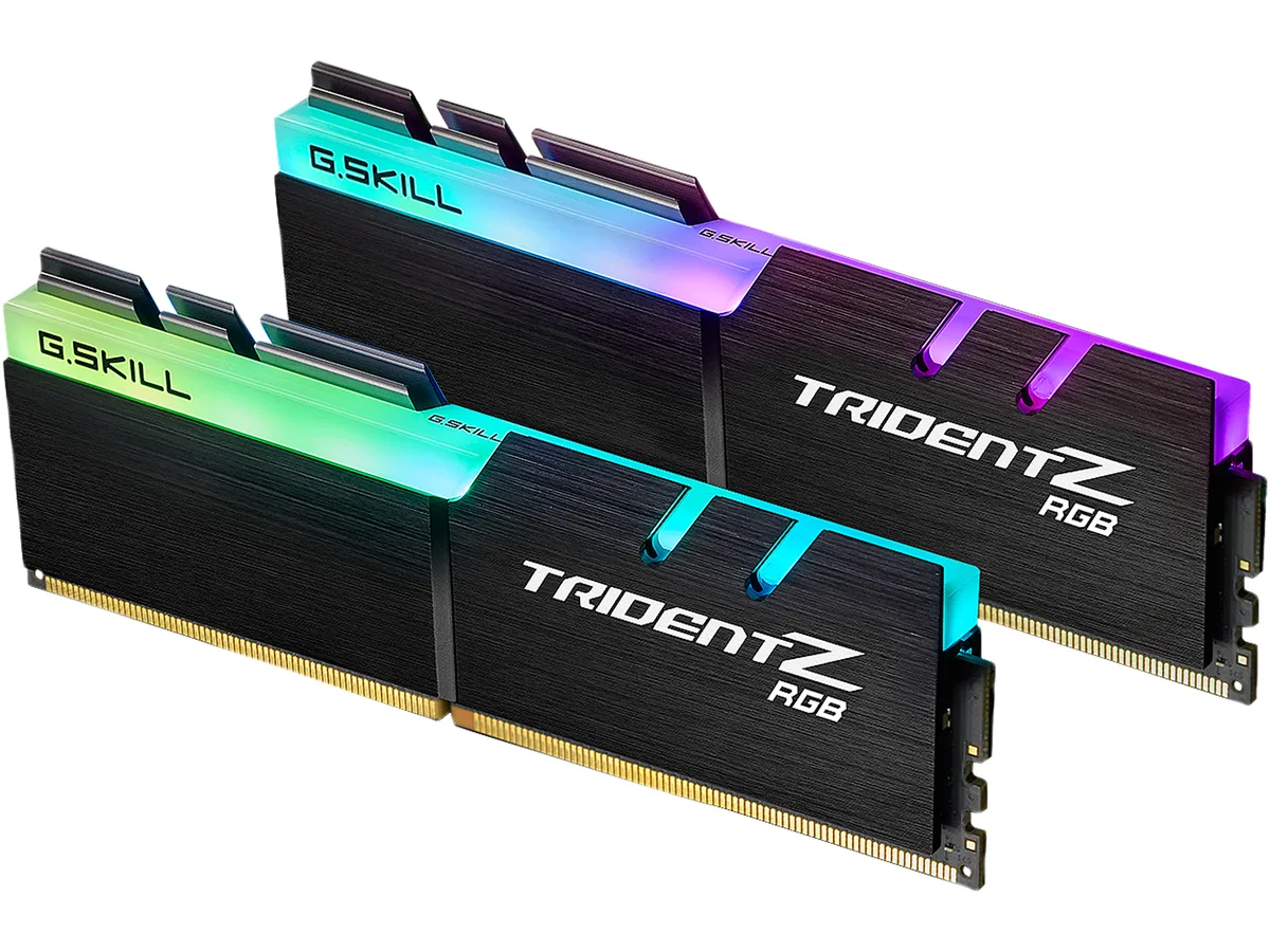 Two black DDR4 modules with exposed RGB light bars and aluminium heatspreaders