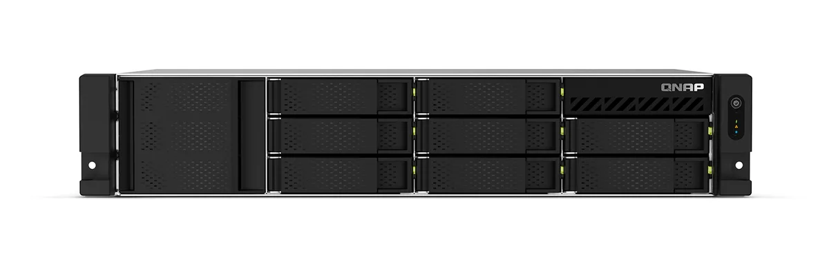 Black 2U rackmount NAS with eight front drive bays and redundant power supplies