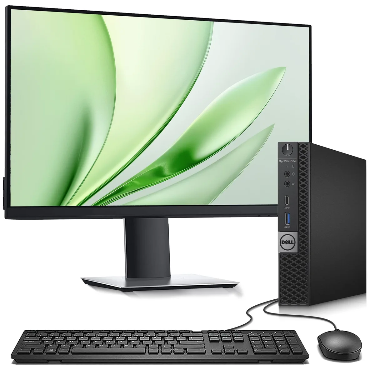 Small black Dell 7050 Tiny desktop with 24 inch monitor