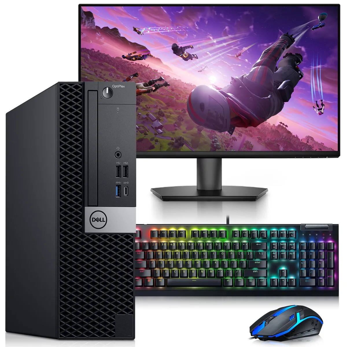 Dell small form factor desktop tower with 24 inch monitor, keyboard and mouse