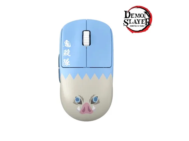 Wireless gaming mouse in blue and grey, symmetrical low-hump shape with five buttons