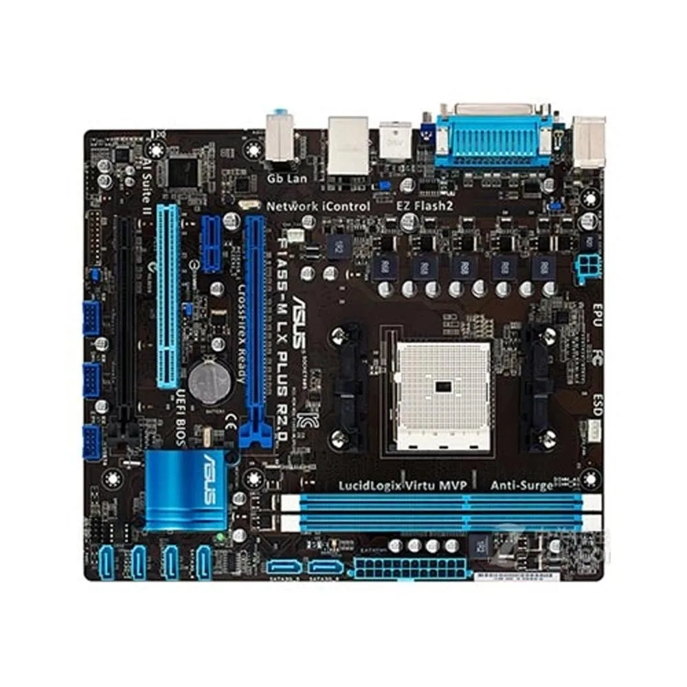Green micro-ATX board with silver FM1 socket and black DDR3 slots