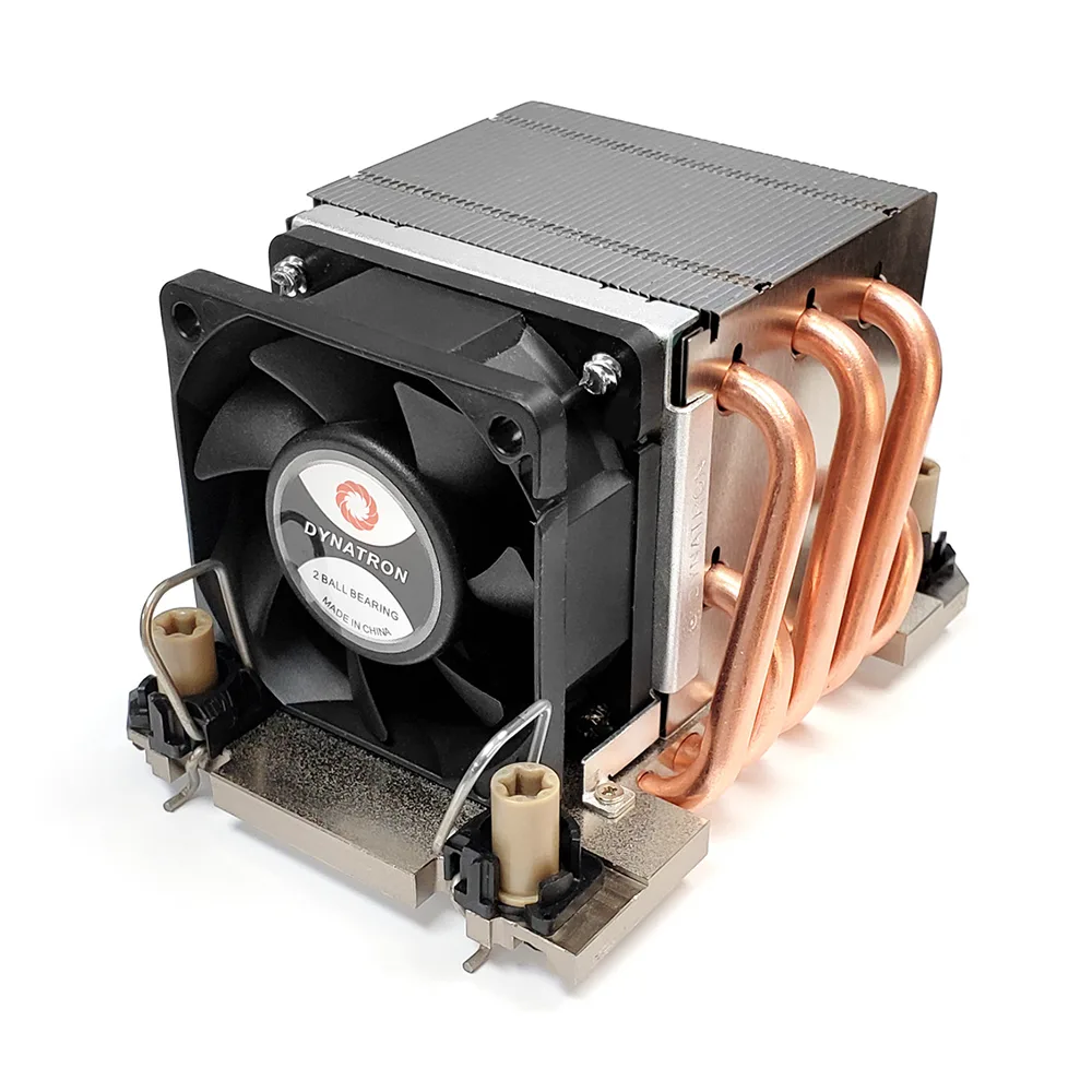 Rectangular aluminium fin stack with embedded copper heat pipes and a top-mounted fan, silver-grey finish