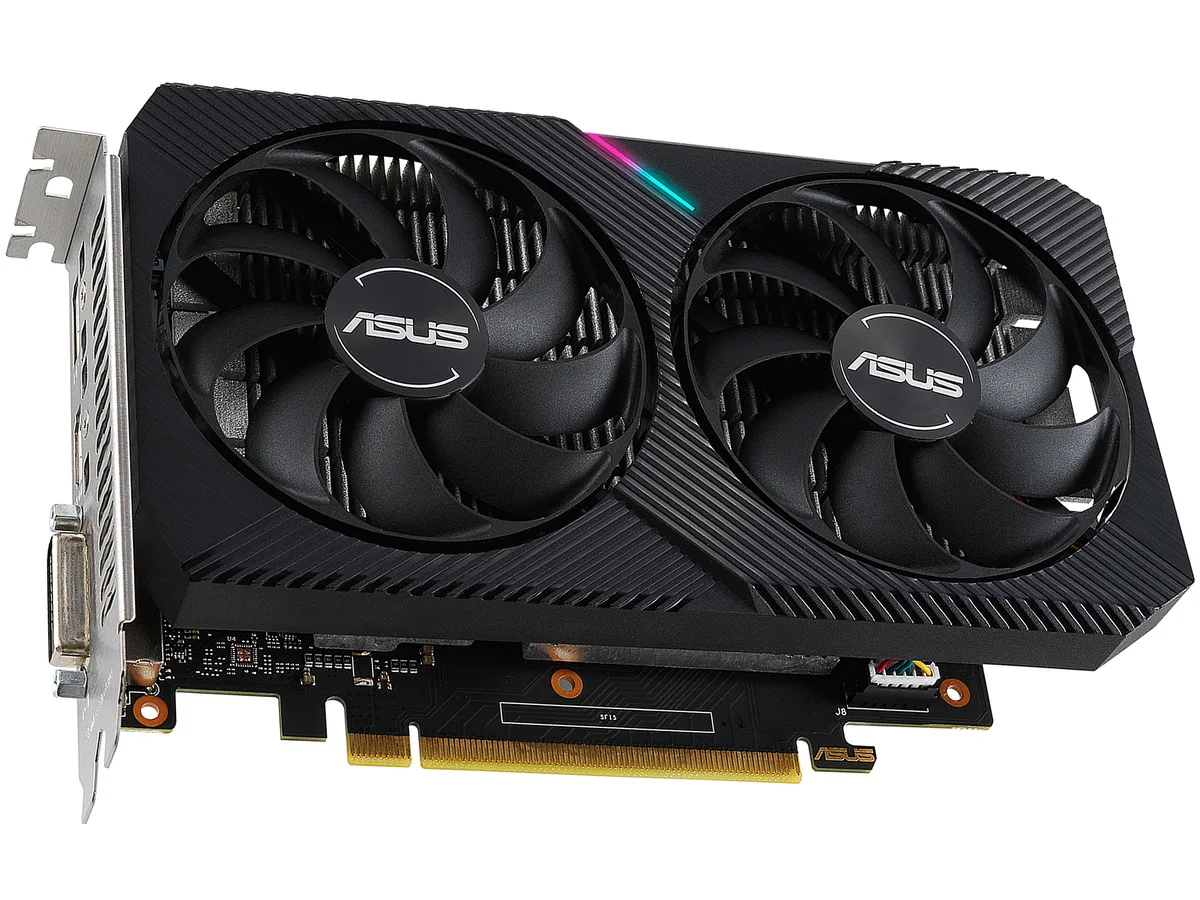Black dual-fan graphics card with DVI HDMI DisplayPort outputs