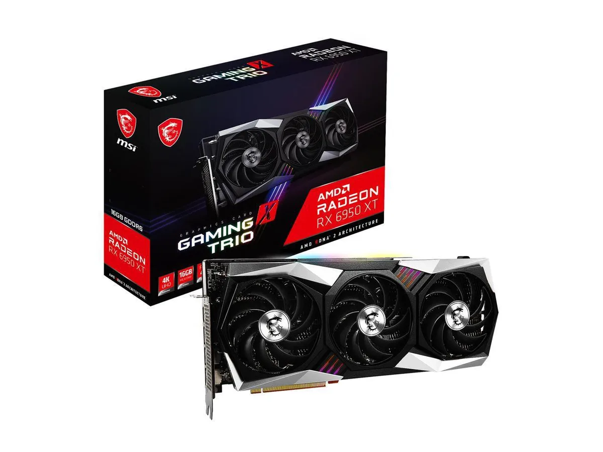 Triple-fan graphics card in black and silver finish, 12.80 inches long