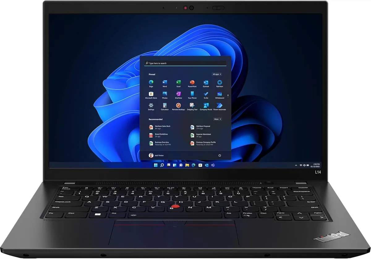 Black ThinkPad L14 Gen 3 laptop closed showing matte finish and red TrackPoint nub