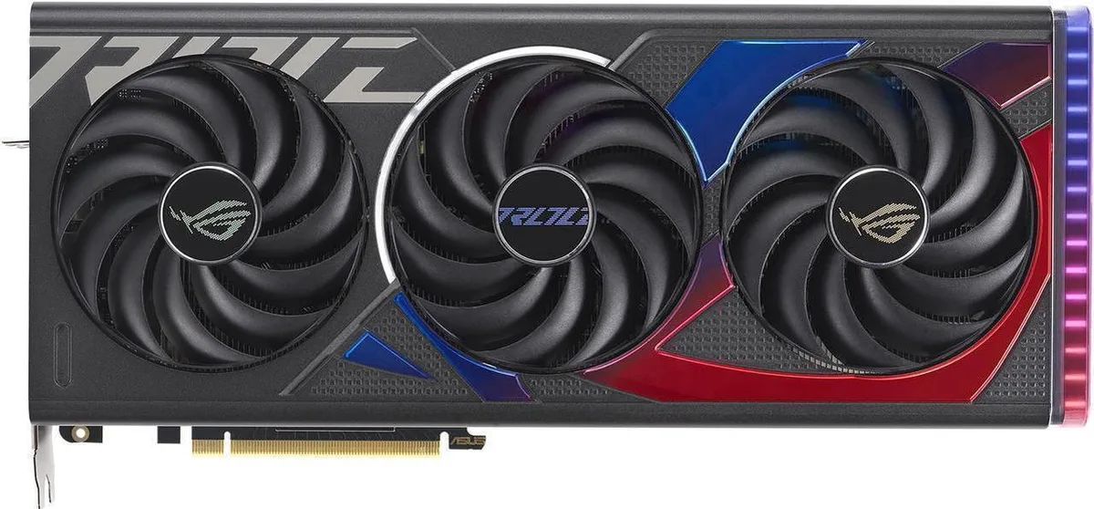 Triple-fan graphics card with silver diecast shroud and vented backplate