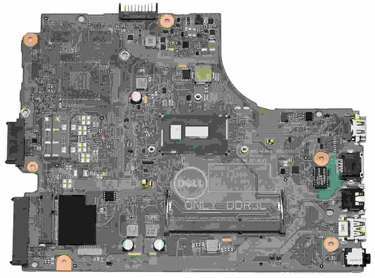 Green rectangular laptop motherboard with silver CPU socket and black components