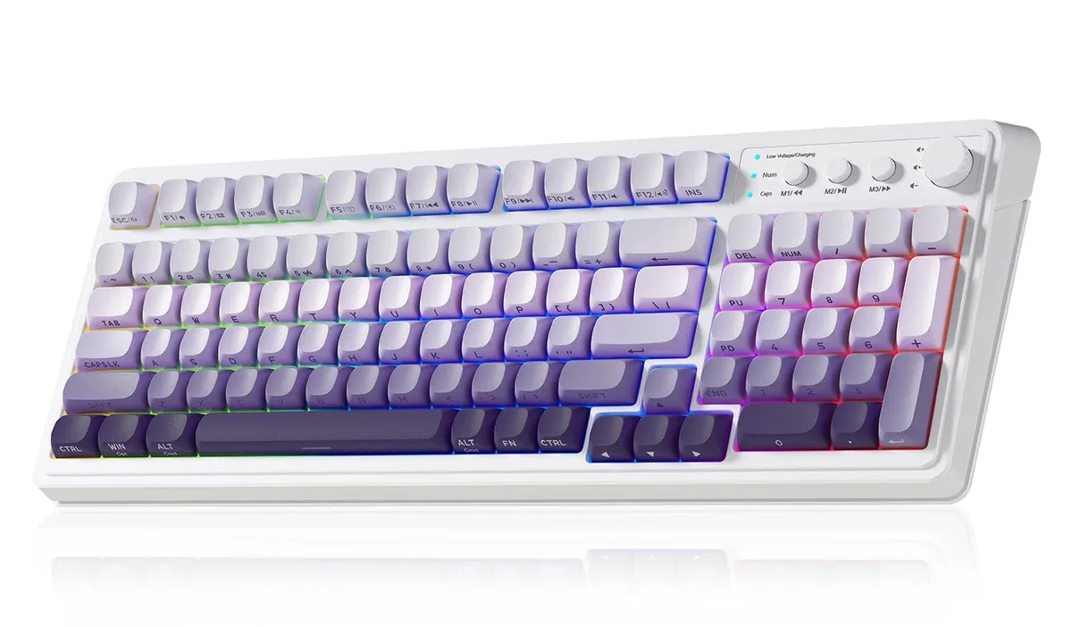 Gradient purple 96% gaming keyboard with tactile keys, media knob and RGB backlighting