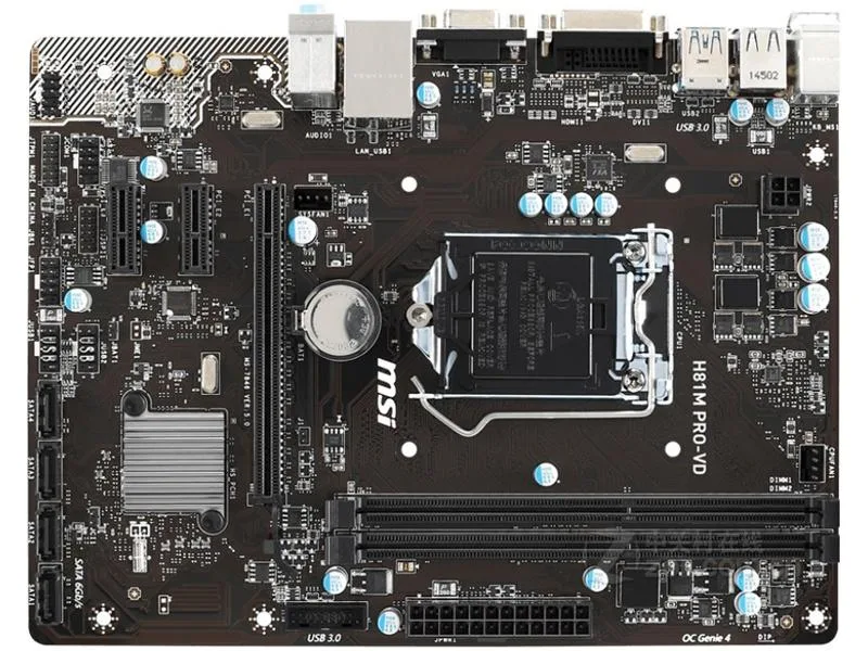 Green Micro ATX motherboard with silver LGA 1150 socket, black DDR3 slots and blue PCIe slots