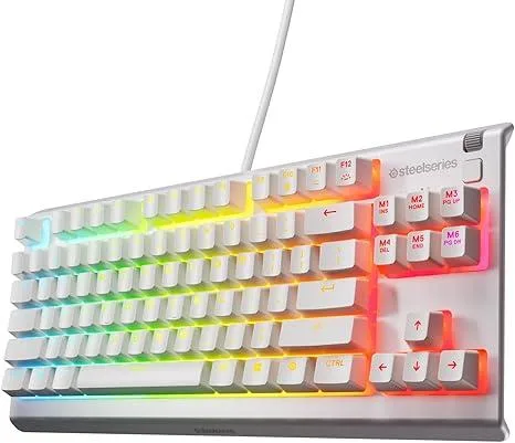 Compact white tenkeyless gaming keyboard with matte finish, dedicated media controls and RGB lighting zones