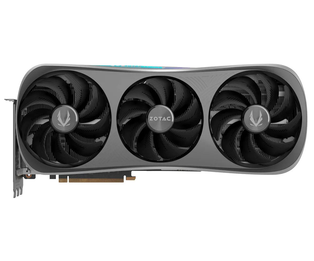 Large triple-fan graphics card with metal backplate and ARGB lighting