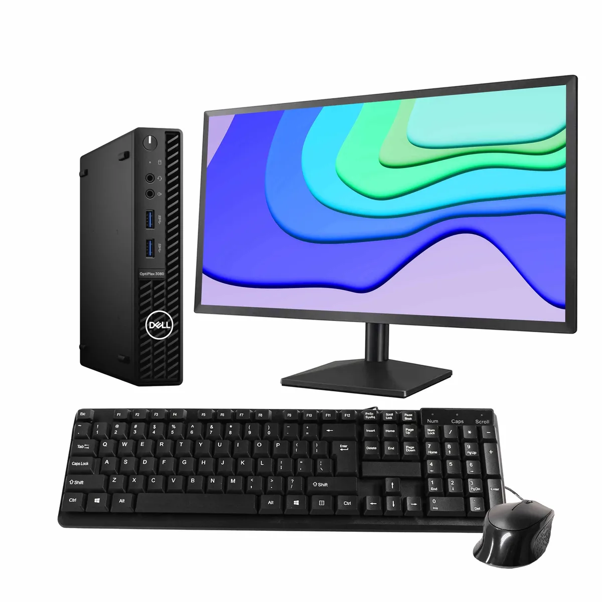 Black Dell OptiPlex 3080 Mini PC with 24 inch monitor keyboard and mouse
