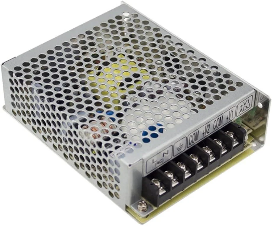 Enclosed metal power supply unit with dual output terminals and ventilation slots