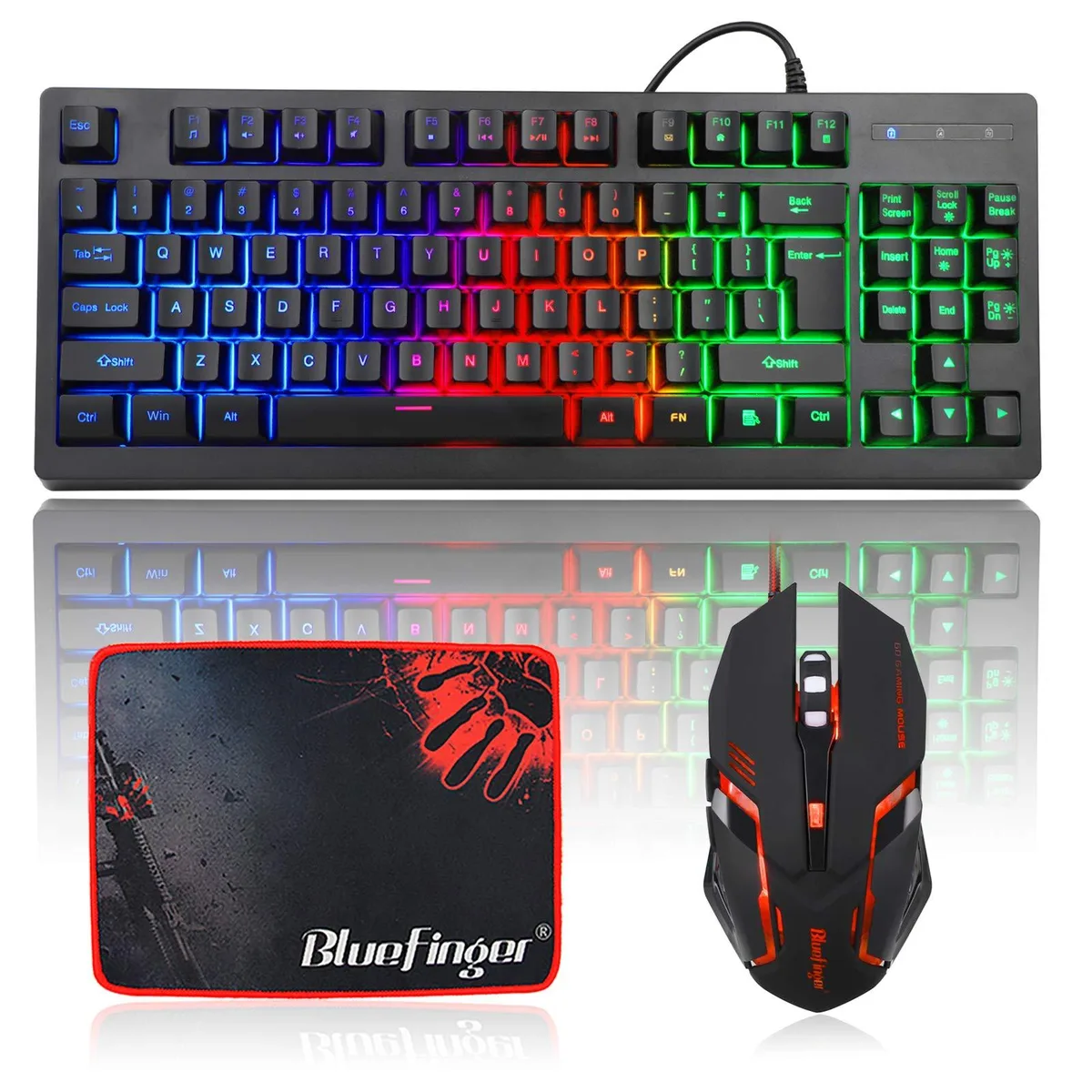 Black tenkeyless keyboard with 87 keys and matching wired mouse, both with rainbow backlighting