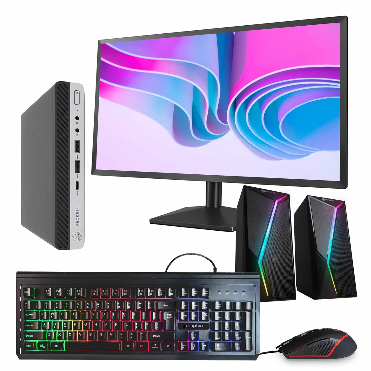 Black and silver HP ProDesk 600 G4 Mini PC with 24 inch monitor