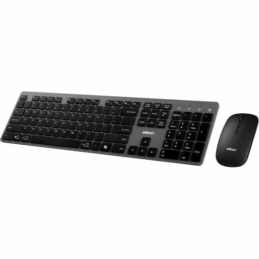 Black full-size wireless keyboard with scissor-switch keys and a 2.4 GHz USB dongle