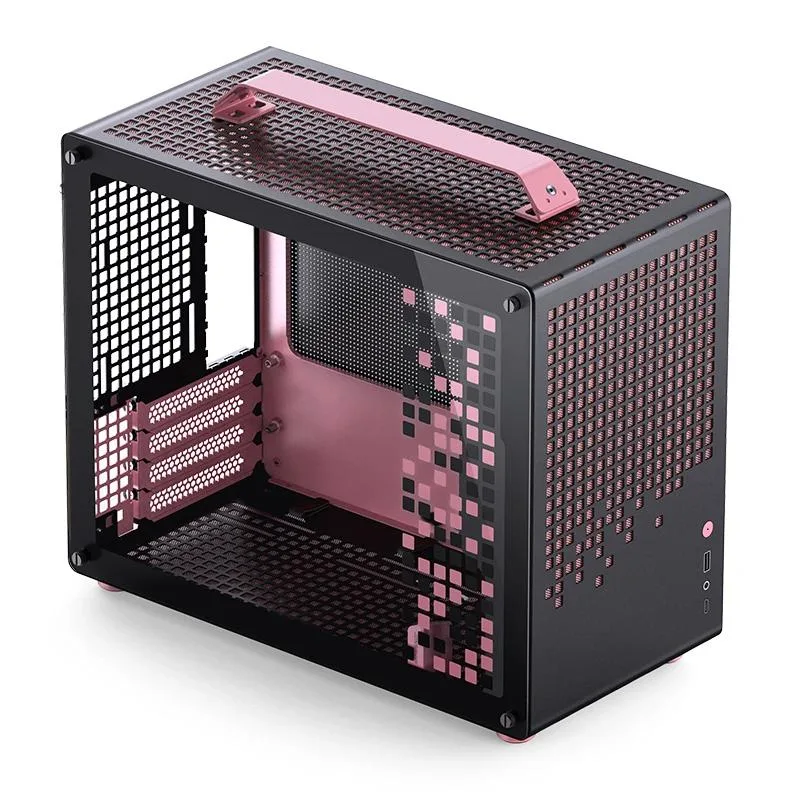 Pink and black Micro-ATX case with tempered glass side panel and detachable carrying handle