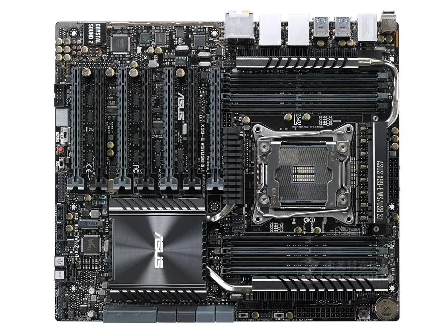 ASUS X99-E WS/USB 3.1 E-ATX motherboard, black PCB with silver heatsinks