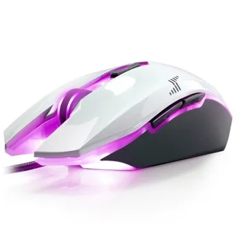 White ambidextrous wired gaming mouse with mirror finish, seven buttons and four-color LED backlight