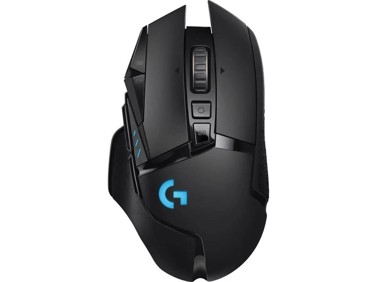 Black right-handed wireless gaming mouse with sculpted thumb rest, two side buttons, sniper button