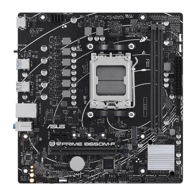 Micro-ATX motherboard with dark PCB and silver heatsinks