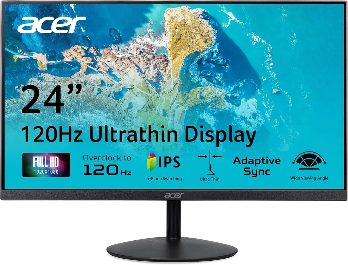A 23.8 inch black monitor with a glossy zero-frame screen on a tilt stand