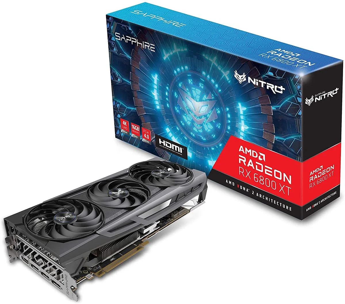 Sapphire Nitro+ RX 6800 XT graphics card, triple-fan cooler, silver shroud, backplate, two eight-pin power connectors
