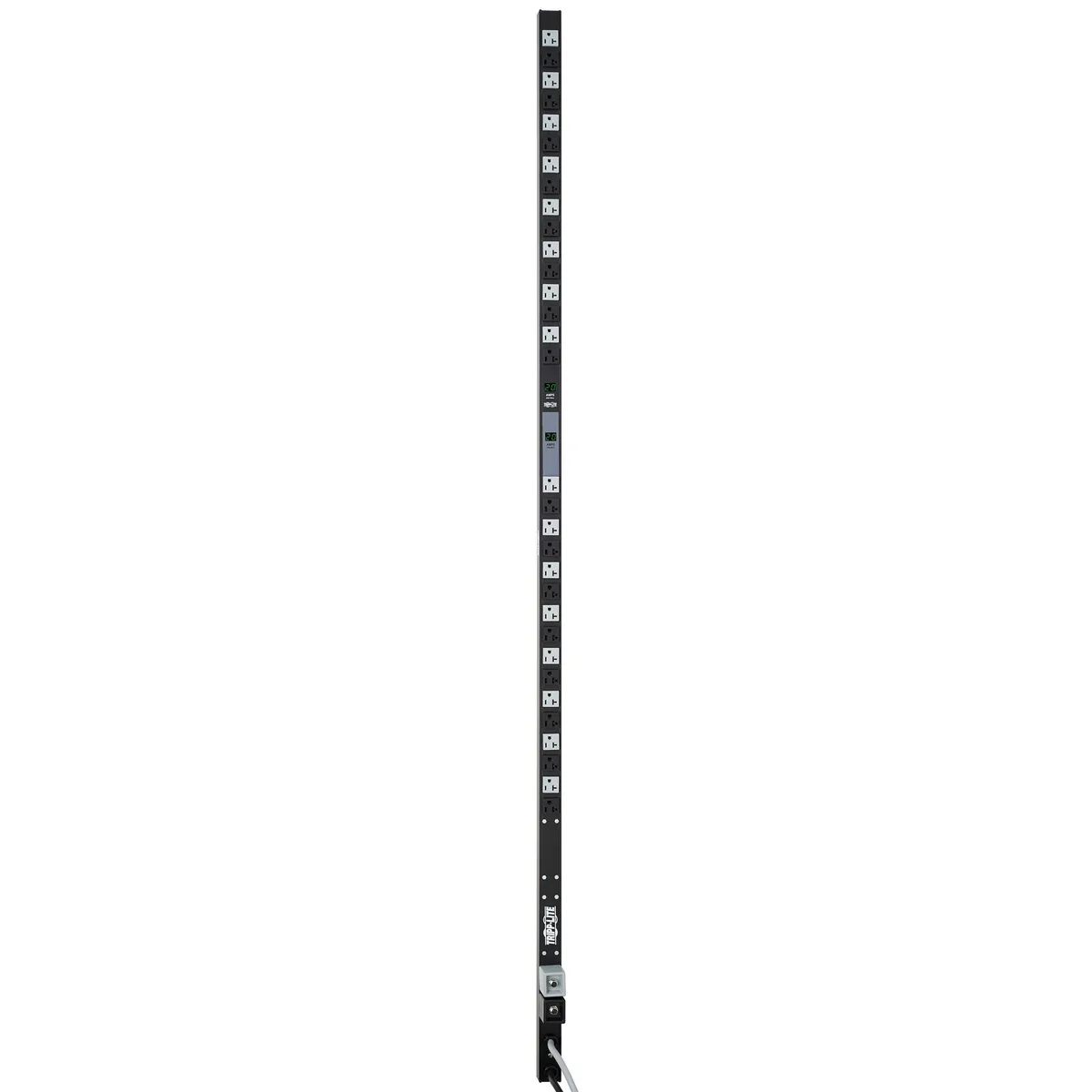 Vertical black metal power strip with 32 color-coded outlets and dual digital displays