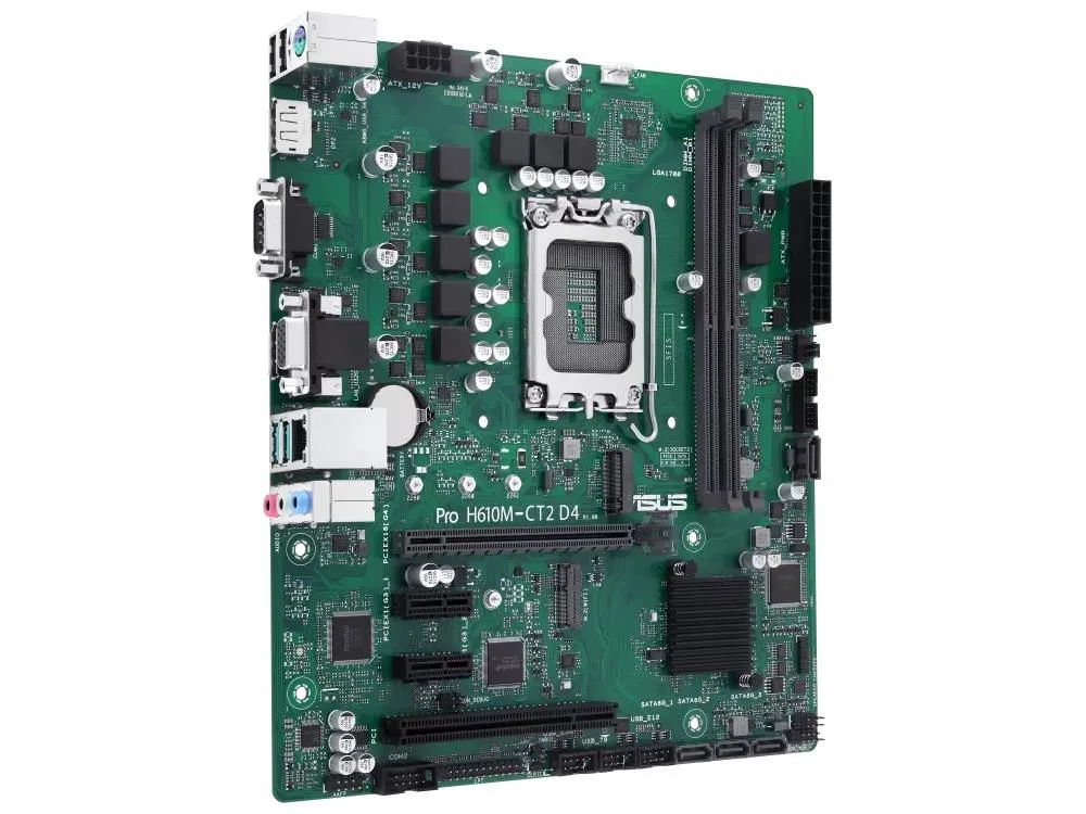 Green rectangular Micro ATX motherboard with silver CPU socket and black DDR4 memory slots