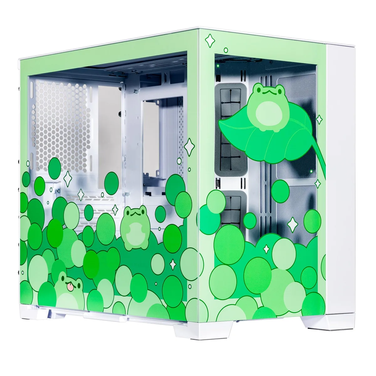 Compact green aluminium mini-tower with tempered glass side panel, vertical GPU bracket visible inside