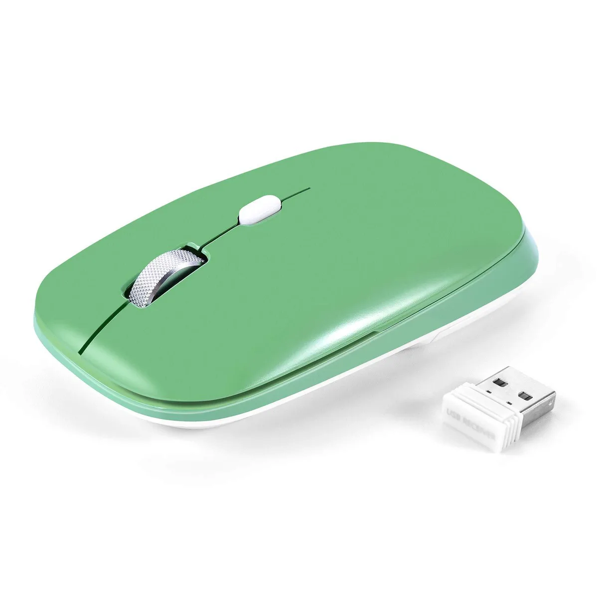 Slim green wireless mouse with ambidextrous shape and silent buttons