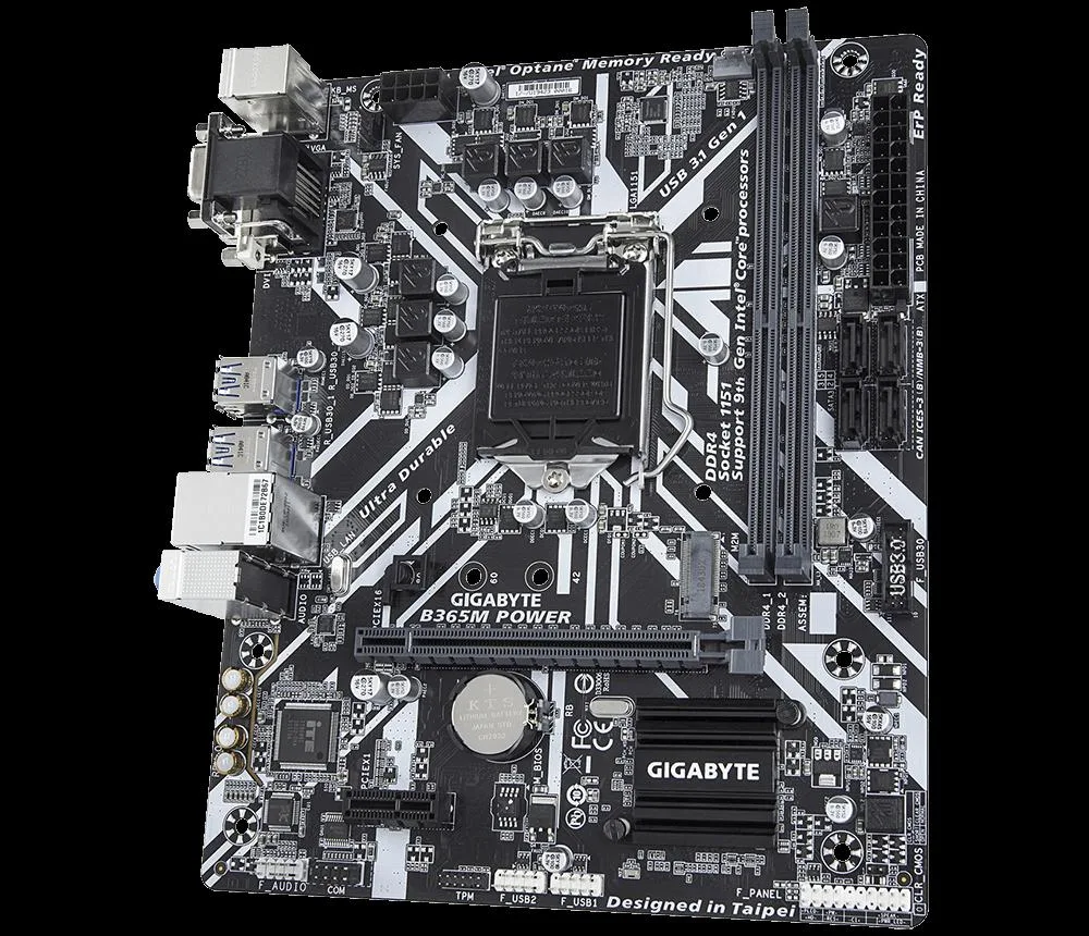 Micro-ATX board, black PCB, silver heatsinks, LGA1151 socket, two DDR4 slots, M.2 slot, D-Sub and DVI-D ports