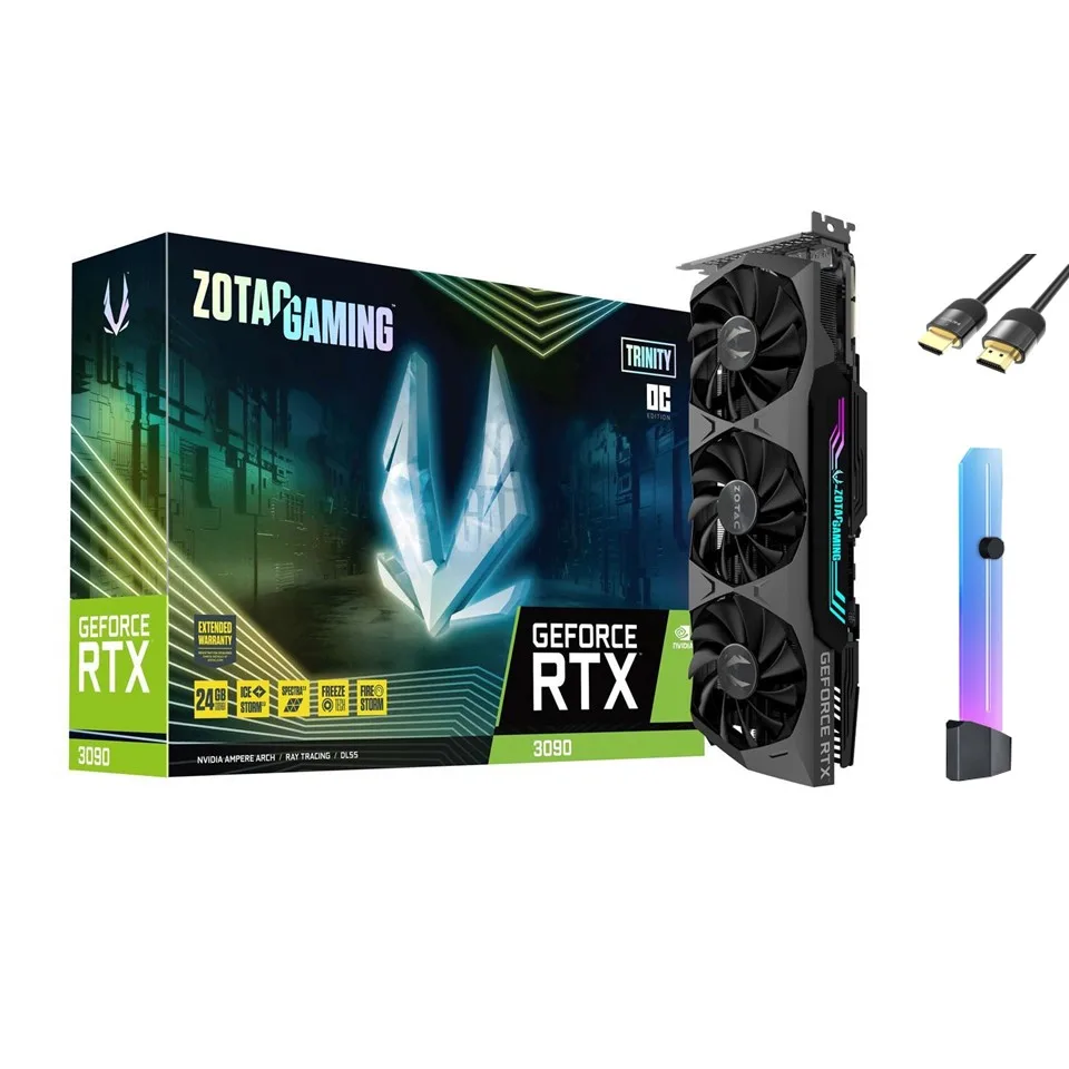 ZOTAC RTX 3090 Trinity OC triple-fan card with silver shroud and RGB lighting