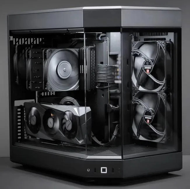 Black mid-tower with panoramic glass panels showing internal components