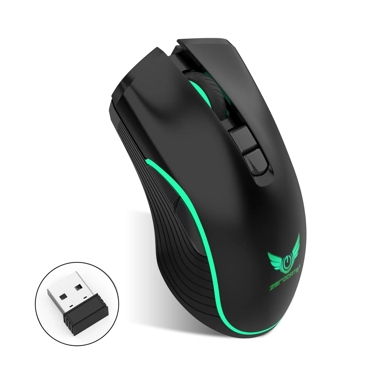 Black wireless gaming mouse with ergonomic shape, seven buttons, scroll wheel and RGB lighting