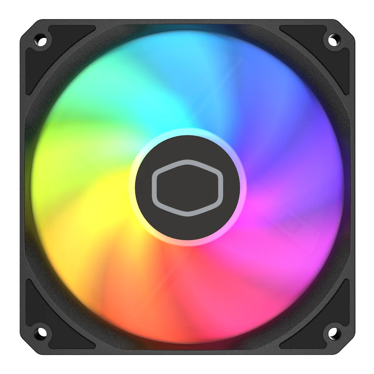 Black 120mm case fan with frosted ARGB blades and PBT frame