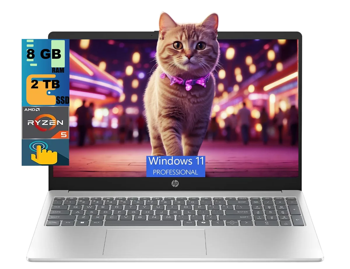Silver HP 15 laptop with 15.6 inch touchscreen display, thin profile
