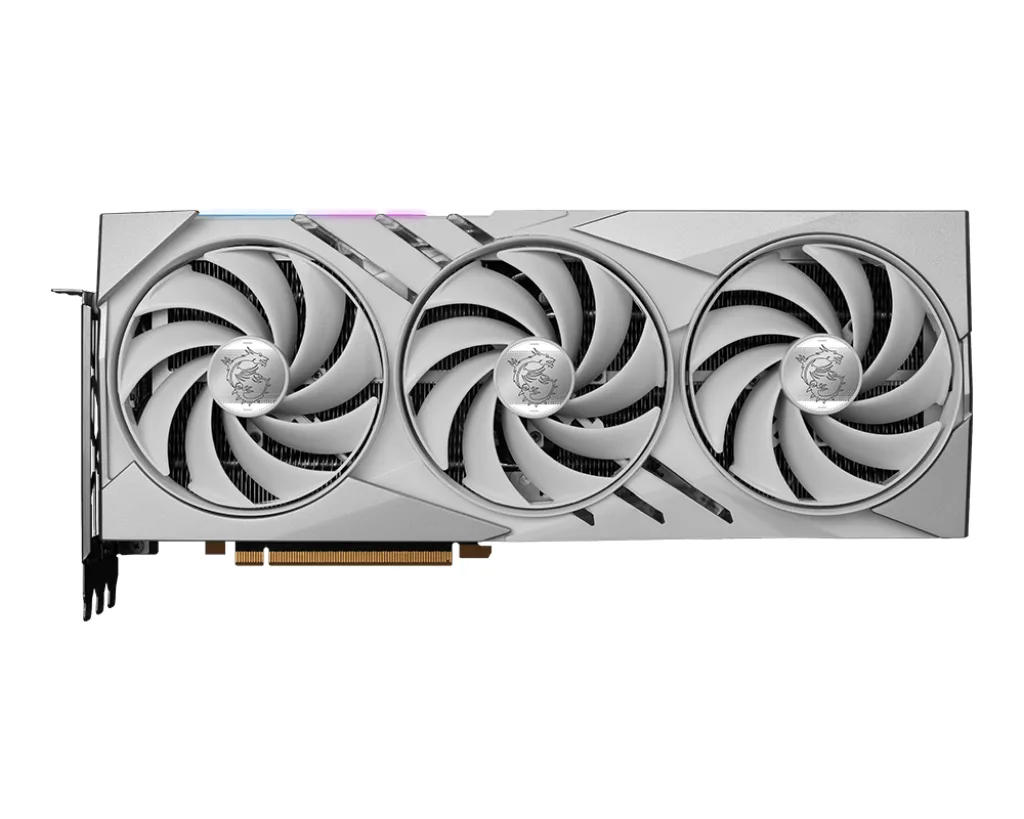 White triple-fan graphics card, slim ATX form factor, 322 mm long