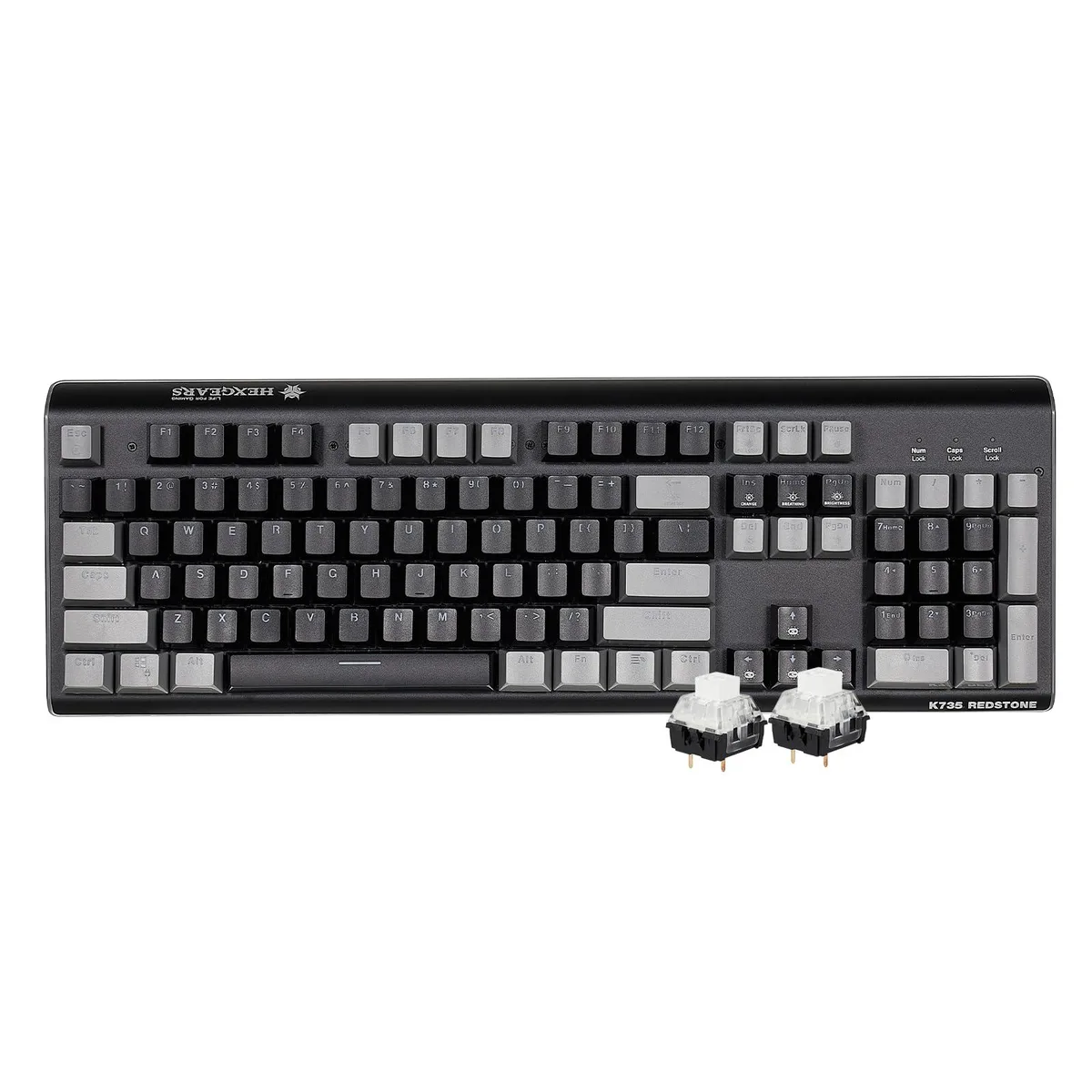 Full-size black and grey mechanical keyboard with aluminum top panel and RGB side light strips