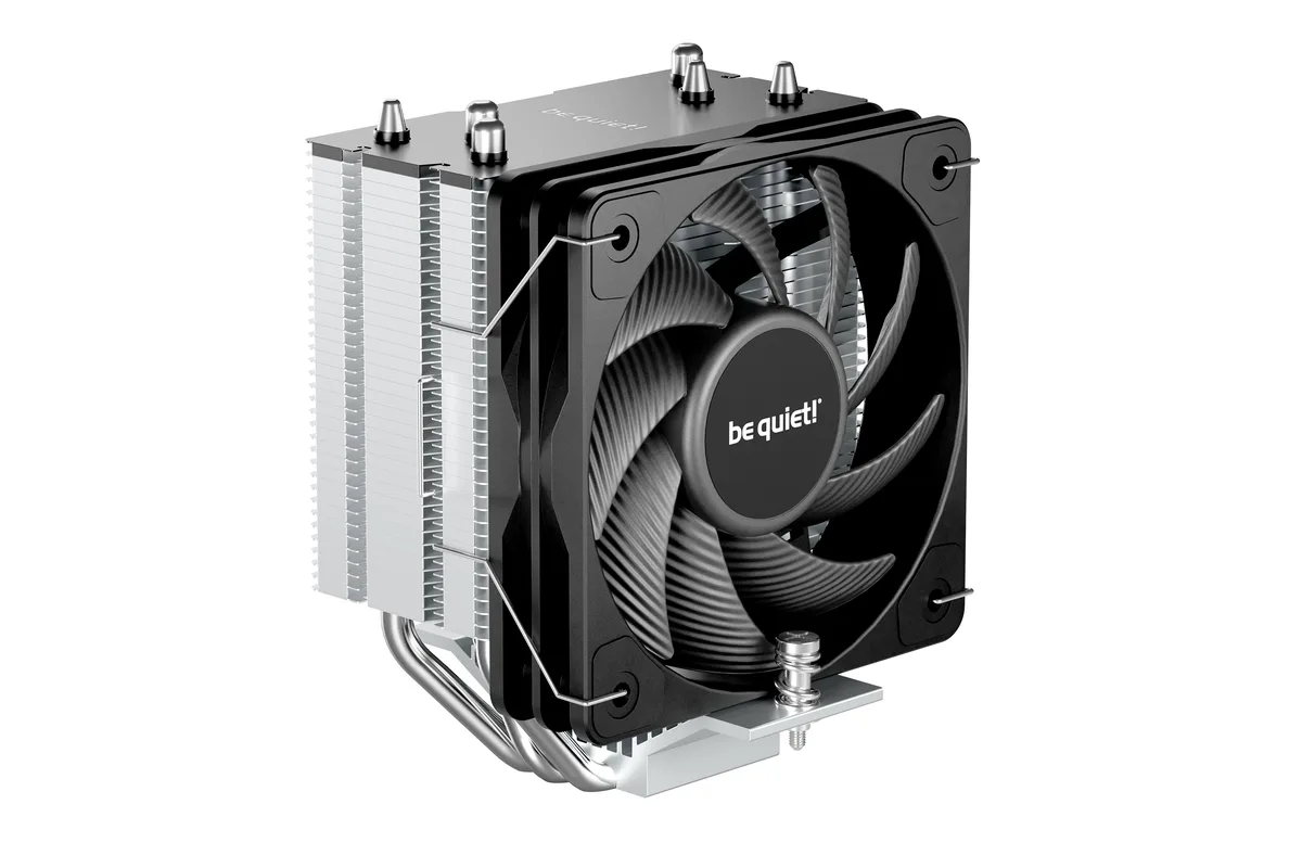 Compact black CPU tower cooler with 100 mm PWM fan and three nickel heat pipes