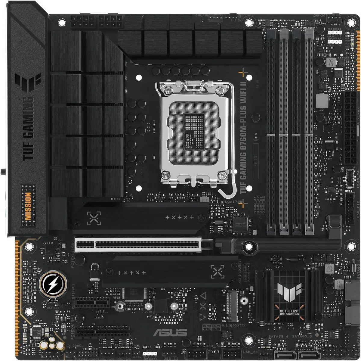 ASUS TUF Gaming B760M-PLUS WIFI II motherboard, matte black mATX board with grey VRM heatsinks and M.2 covers, silver PCIe slots