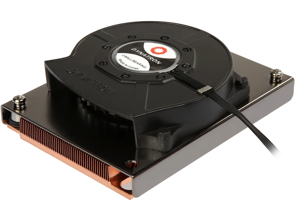 Compact copper skived heatsink with 80mm PWM blower fan, horizontal mount, 28mm tall