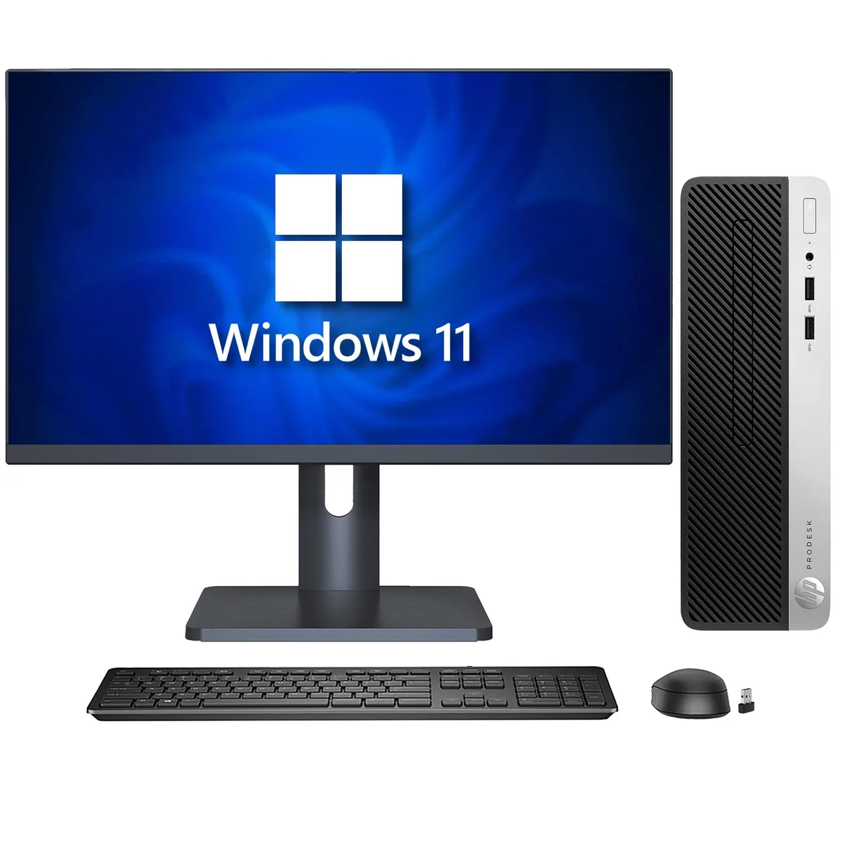 HP ProDesk 400 G5 small-form-factor desktop in black and silver with 27 inch monitor