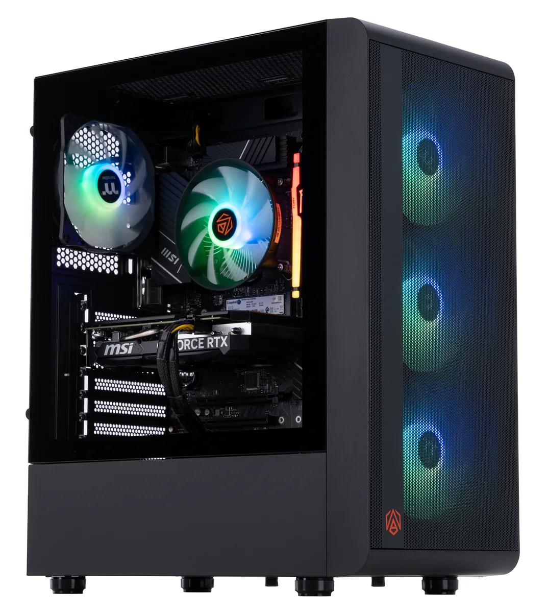 Black ABS Stratos S200 mid-tower with RGB air cooler visible through side panel